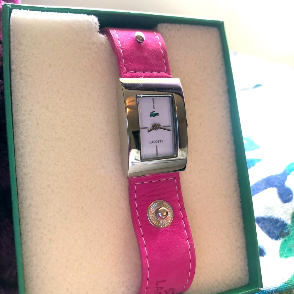 Lacoste stainless steel pink suede leather watch